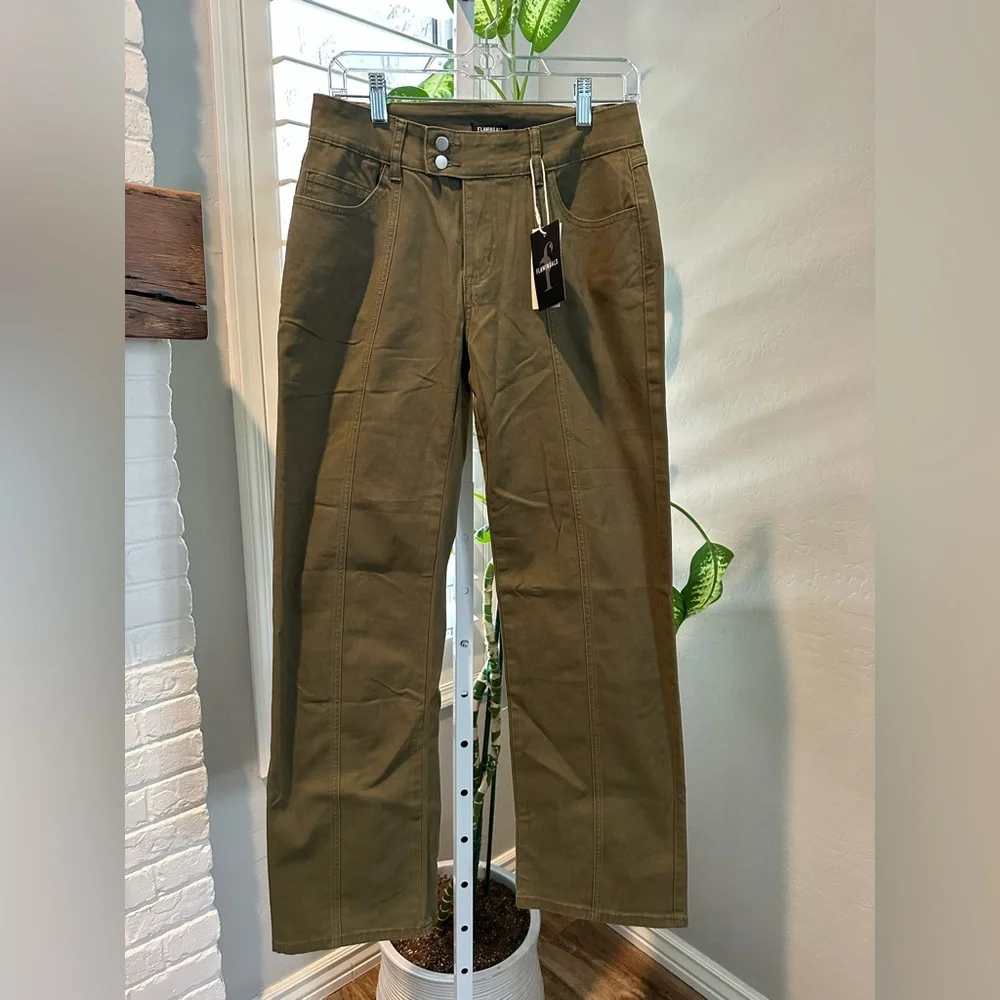 Flamingals Solid Seam Front Mid Rise Straight Leg Jeans Olive Green Small NWT - Picture 6 of 8